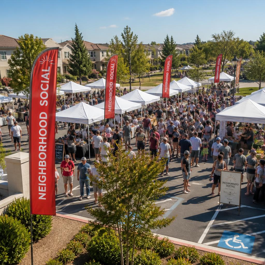 Aerial view of the Neighborhood Social market filling a suburban lot