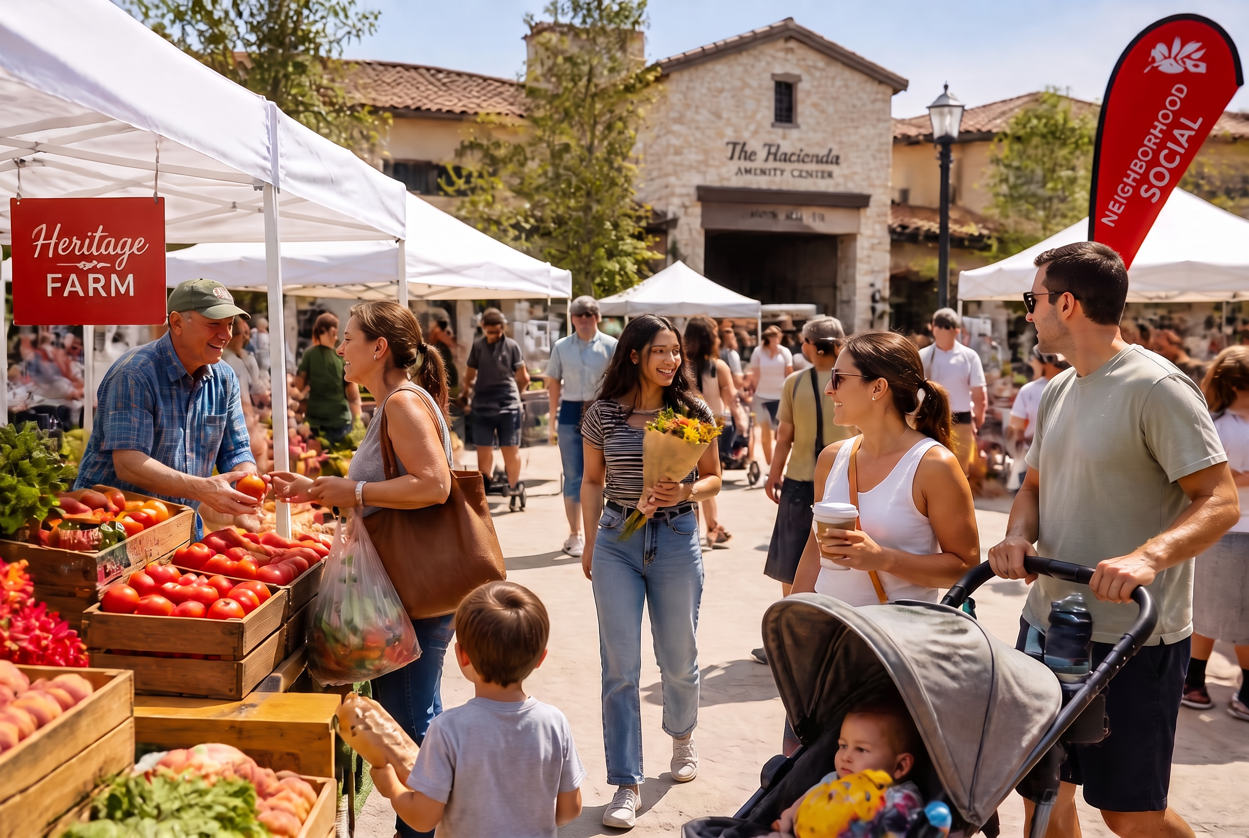 Neighbors walking through a community market with vendor tents at golden hour