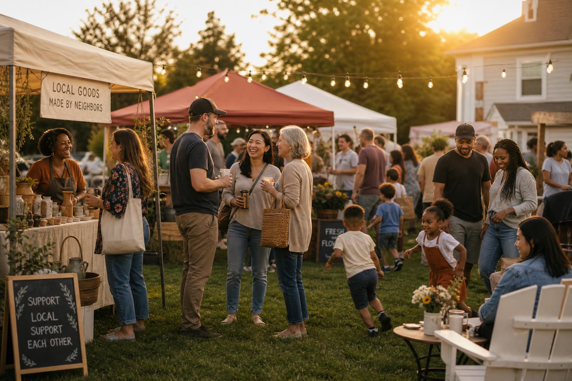 Neighbors laughing together at a warm community market on a suburban lawn at golden hour
